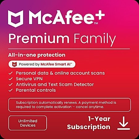 McAfee * Premium Family Antivirus & Internet Security, For Unlimited Devices, 1-Year, Product Key